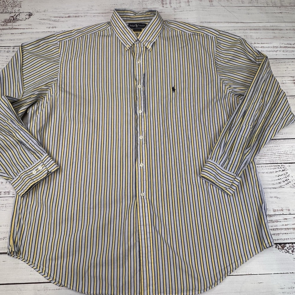 Ralph Lauren Men Yarnmouth Dress Shirt Yellow Blue Stripe 100% Cotton 18 36/37